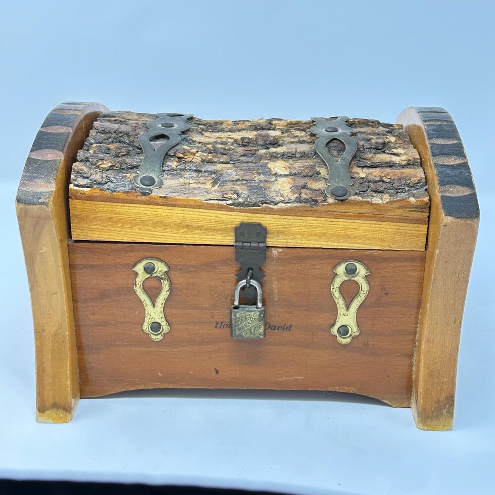 Vintage Handmade Wood Treasure Chest with Live Edge Tree Bark Lid- Keepsake Box